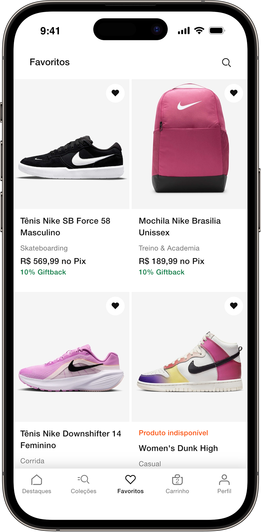 Nike App favorites screen