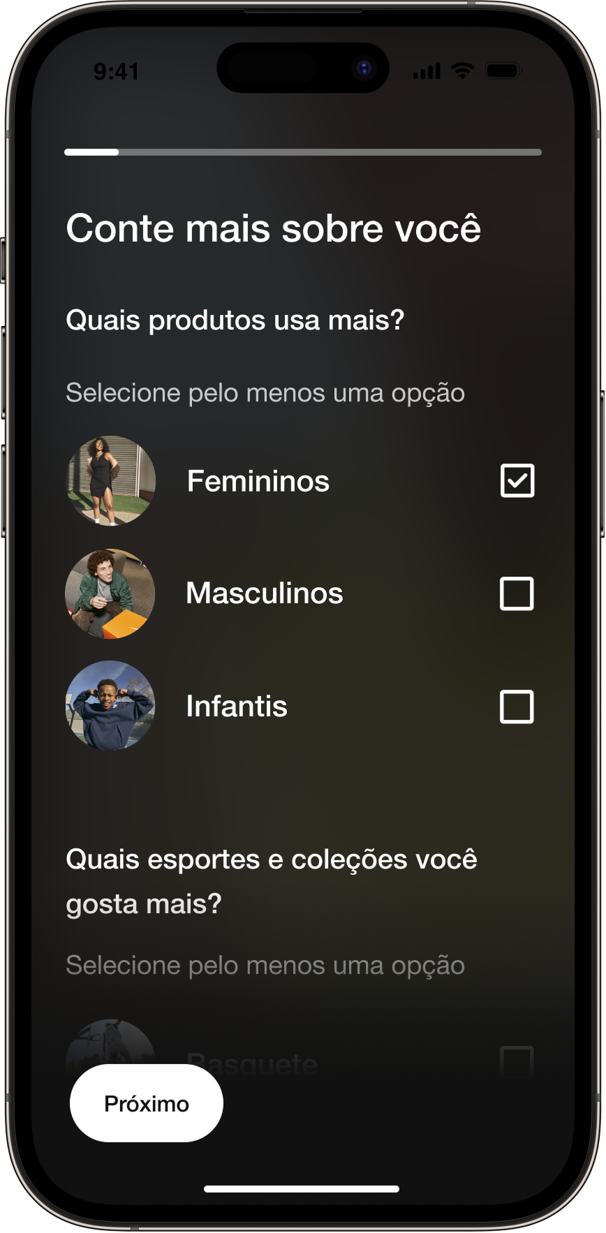 Nike App onboarding preferences screen